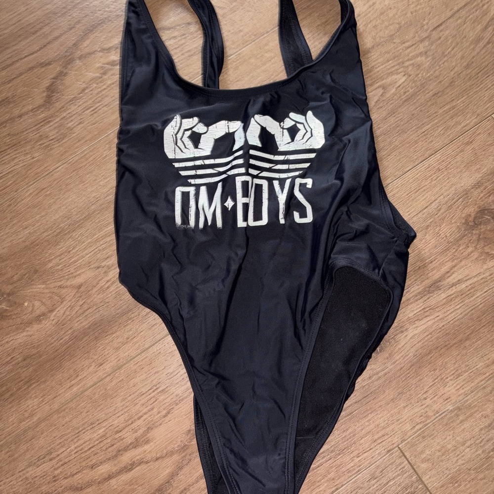 Black One-Piece OM BOYS Swimsuit with White Graphic